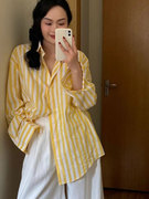 小鸡黄色竖条纹宽松衬衫女设计感Polo翻领棉麻柔软衬衣上衣防晒服