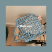 ins同款浅蓝色格子，镂空串珠包单肩包大容量手提包，diy材料包