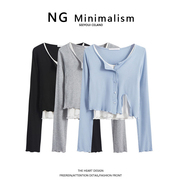 ngminimalism女装针织开衫，两件套女长袖不规则t恤套装短款上衣潮