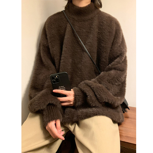 棕咖色海马毛时尚毛衣慵懒高级感男冬季日系复古针织衫半高领外套