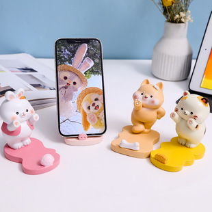 可爱手机支架卡通动物柴犬小猪猫兔子桌面上实用创意装饰摆件树脂