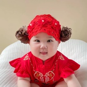 婴儿发带护囟门帽夏季蕾丝，女宝宝假发发带，头饰百天周岁发饰大红色
