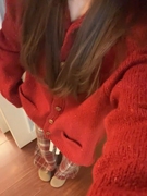 新年红！慵懒红色连帽毛衣开衫女外套春季韩版宽松针织衫上衣