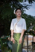 西双版纳傣族服装女中袖上衣长裙工作服传统傣族裙套装日常装