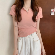 韩系短款女夏季设计感粉色，修身露脐辣妹女装，t恤短袖2024夏季
