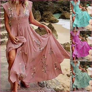 2024年欧美跨境亚马逊夏女装V领法式沙滩波西米亚印花连衣裙