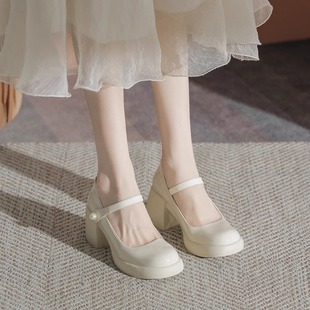 白色粗跟法式玛丽珍女鞋子高跟2024春夏，小皮鞋仙女单鞋配裙子