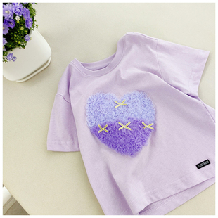 设计师款110-160码女童夏季气质，紫色短袖t恤纯棉拼色爱心蝴蝶结