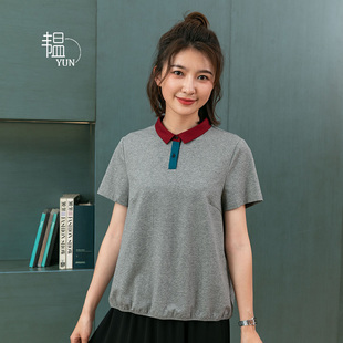 yun韫2022夏季女装拼色polo领休闲宽松设计感短袖t恤上衣