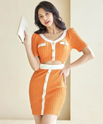 口袋里的衣橱韩国2023年春2.29优雅橘色单排扣露腰包臀连衣裙