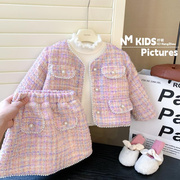 女宝宝洋气二件套2023冬季女童韩版珍珠，彩色夹棉外套裙子套装