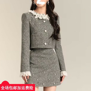 法式高端时尚流行短外套女2023冬季级感蕾丝时尚两件套套装