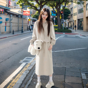 韩版小众设计感时尚秋冬套装，女简约通勤连帽卫衣长裙两件套潮