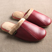 日式秋冬季棉拖鞋男女室内防滑牛筋底情侣家居木地板保暖真皮拖鞋