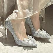 2024法式香槟色银色水晶鞋水钻，蝴蝶结尖头高跟鞋女细跟单鞋女