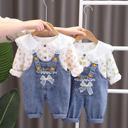 女宝宝套装春秋婴儿背带裤洋气，韩版1-3岁女童牛仔5小童两件套