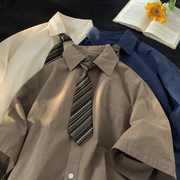 棕色vintage衬衫男日系，cityboy工装短袖衬衣，oversize五分袖dk制服