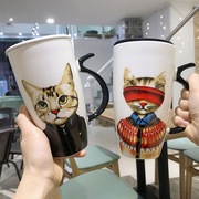 韩式个性卡通大容量陶瓷马克杯，带盖勺吸管男女生办公室家用喝水杯