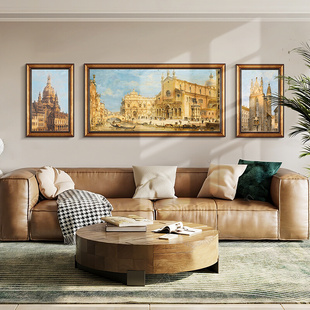 美式客厅装饰画沙发背景墙三联画大幅风景，油画欧式壁画建筑艺术