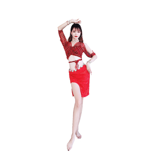百雅千慧肚皮舞演出服2024东方舞红色舞蹈套装亮点珠绣包臀裙
