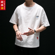 中国风亚麻t恤男短袖，潮流刺绣棉麻上衣，复古潮牌男装中袖体恤夏季