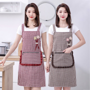 韩版女士时尚加厚棉布围裙家用厨房做饭上班工作透气格子背带围腰