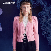vjcolivia2023秋冬粉红色针织，长袖宫廷泡泡，袖短款开衫女装