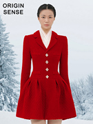 大红色长袖西装小外套蓬蓬超短粗纺连衣裙红色回门小礼服外套裙