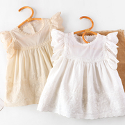 女童棉麻衬衫夏季洋气儿童法式镂空飞袖娃娃衫宝宝花边袖上衣