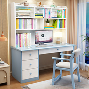 实木书桌书架组合一体，儿童学习桌简约家用卧室，靠墙中小学生写字桌