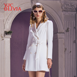 vjcolivia2023春夏通勤连衣裙，白色中长款系带，西装短裙修身女新