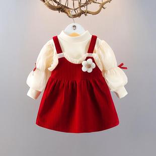 女童连衣裙秋冬时髦2件套裙3岁公主，裙洋气加绒套装，女宝宝周岁礼服