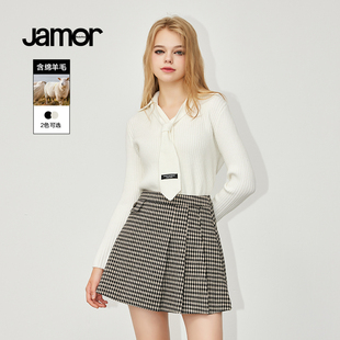 jamor时尚学院风毛衣针织衫，女冬季可拆卸领带，针织开衫白色黑色
