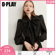 DPLAY春气质通勤黑色泡泡袖长袖蝴蝶结衬衫小衫上衣黑衬衫女衬衣