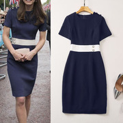 凯特王妃职业装裙子深蓝色撞色收腰包臀通勤气质短袖连衣裙2023夏