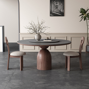 复古风岩板圆形餐桌椅，组合简约现代实木饭，桌子家用胡桃木色小户型