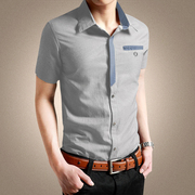 浅灰色假领带男短袖，夏季薄款半袖拼接修身休闲潮流衬衣简约时尚土