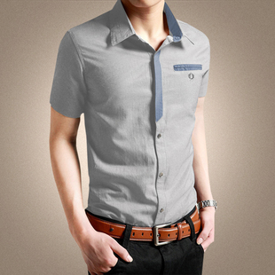 浅灰色假领带男短袖夏季薄款半袖，拼接修身休闲潮流衬衣简约时尚土