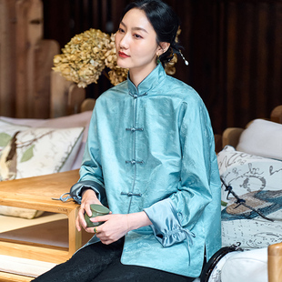 菲伊唐中式文艺复古改中国风真丝棉提花缎立领对襟衬衫唐装女上衣