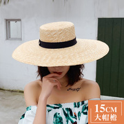 夏季15cm大檐帽沙滩草帽女遮阳帽天然草麦秆大沿平顶帽子时尚欧美