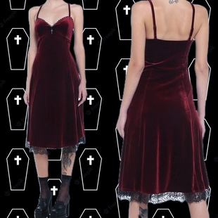 原暗黑哥特亚文化吸血鬼，酒红色丝绒，复古吊带蕾丝礼服中裙有大码