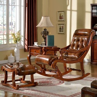 美式实木真皮摇椅躺椅大人复古客厅老人午睡椅家用欧式沙发休闲椅