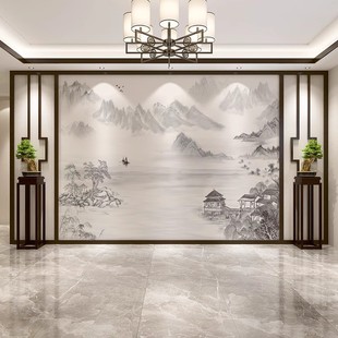 中式水墨山水壁画客厅电视背景墙壁纸影视墙沙发无缝壁纸墙布