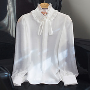 秋季法式白色衬衫长袖高领打底雪纺衫系带立领少女仙气上衣女