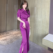 可盐可甜炸街紫色套装2024年法式复古阔腿裤两件套装女夏洋气
