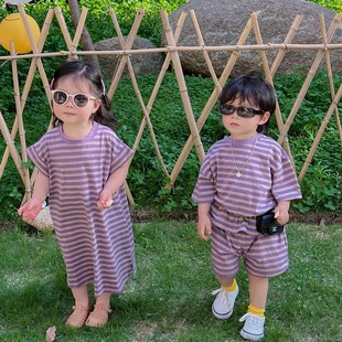 2023短袖兄妹装儿童夏季条纹韩版龙凤胎亲子装洋气姐弟装套装