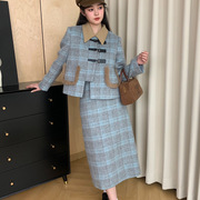 蓝色格子两件套羊毛尼外套女设计感高级小香风，羽绒服套2023