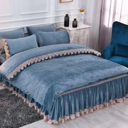 莱子家纺水晶绒床裙式四件套床上用品冬季床罩款欧式带宝蓝1.8m床