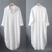 白色防晒衫女2023年夏季防紫外线，宽松透气长款棉麻衬衫连衣裙