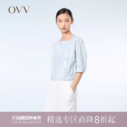 ovv春夏女装色织丝棉，条纹复古双排，扣方领短款短袖上衣